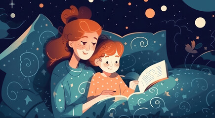 A mother and her child snuggle together in bed while reading a storybook. Generative AI