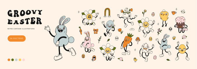 Set of Groovy Easter character mascot icons. Spring avatar illustrations in retro cartoon style. Cute egg, bunny, chick, daisy flower. Different emotions. Hand drawn isolated vector elements