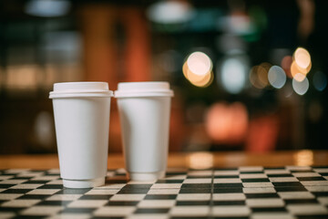 Paper white cups of tea or coffee are taken out on the coffee shop table. No one.