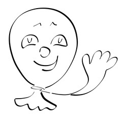 cheerful balloon with a face and a thread in the form of a welcoming hand, black outline on a white background