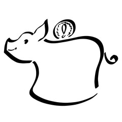 coin with an exclamation mark sinks into a cheerful pig piggy bank, black outline on a white background