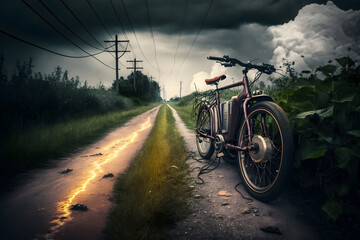Fototapeta na wymiar Electric bike on a country road before the storm, Generative AI