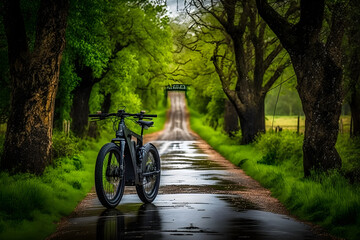 Fototapeta na wymiar Electric bike on a country road after rain, Generative AI