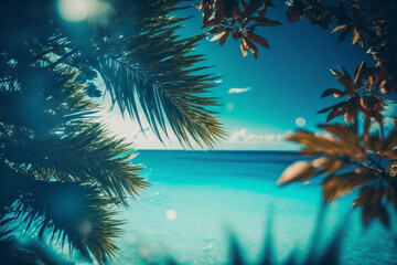 Fototapeta na wymiar Panorama of blurred blue sky and sea with bokeh light. Illustrator AI Generative