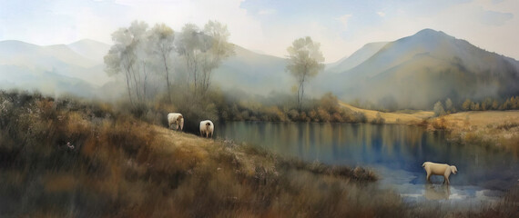 Watercolor mountain autumn pasture landscape with sheep. Panorama. Generative AI. - obrazy, fototapety, plakaty