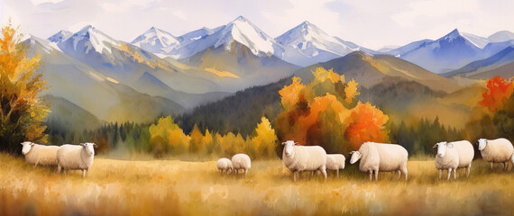 Watercolor mountain autumn pasture landscape with sheep. Panorama. Generative AI. - obrazy, fototapety, plakaty