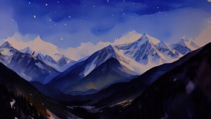 Watercolor mountain autumn landscape with snowy peaks. Panorama. Generative AI.
