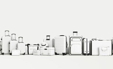 White luggage and vacation equipment on white background. Monochrome suitcases travel minimal infinite concept. Bright color minimalist mock up idea. White colored holidays equipment loop animation.	