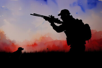 Watercolor illustration of a man with weapons in his hands, a hunter with a dog. Generative AI.