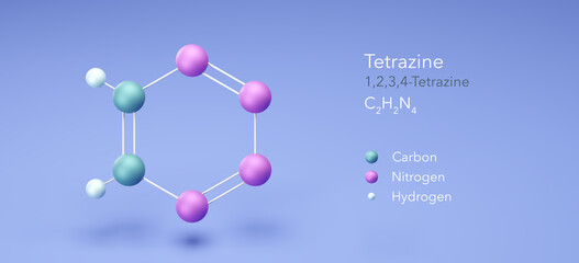 tetrazine molecule, molecular structures, 1,2,3,4-Tetrazine, 3d model, Structural Chemical Formula and Atoms with Color Coding