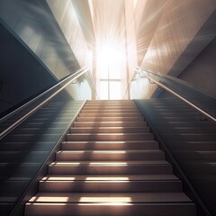 Obraz premium Stairs indoors in a modern building, with light shining at the top.
