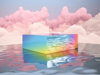 Abstract illustration,  pedestal for product, multicolored and cloudy background. Ai Generative.