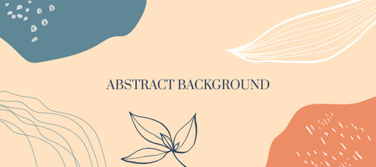 Horizontal abstract minimalist background with organic shapes, lines, leaves and textures. Hand drawn contemporary vector illustration.