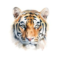 an isolated Bengal tiger portrait, face, stalking prey, fierce jungle-themed watercolor illustration on a transparent background in PNG. Generative AI