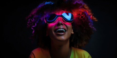 Obraz premium Portrait of an African-American woman in astonishment wearing a virtual reality headset. Vivid colors neon glowing HMD generative ai