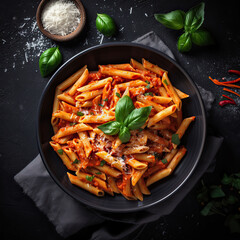 Classic italian pasta penne alla arrabiata with basil and freshly parmesan cheese on dark table. Penne pasta with sauce. Top view. Generative AI. - obrazy, fototapety, plakaty