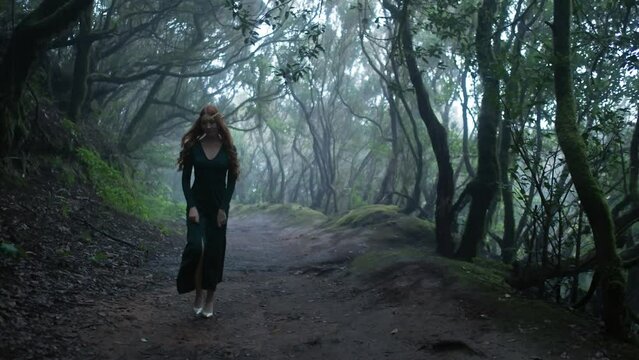 Beautiful woman in an elf costume is walking in a magic green enchanted forest.