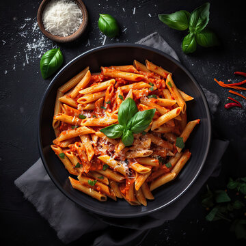 Classic italian pasta penne alla arrabiata with basil and freshly parmesan cheese on dark table. Penne pasta with sauce. Top view. Generative AI.