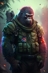 Obraz premium illustration cartoon, gorilla wearing military, ai generative