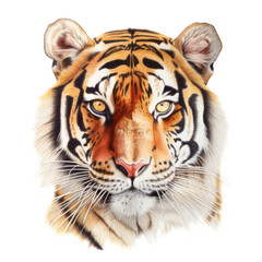 Fototapeta na wymiar an isolated Bengal tiger face portrait, face, stalking prey, fierce jungle-themed watercolor painting illustration on a transparent background in PNG. Generative AI