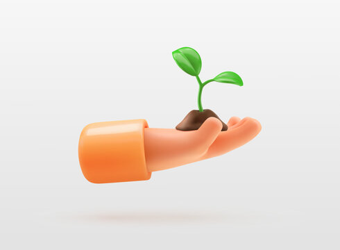 Hand holding seedling plant in soil 3d vector cartoon illustration. Symbol of of ecology of conservation and growth isolated design elements