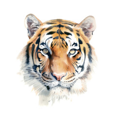 Fototapeta premium an isolated Bengal tiger portrait, face, stalking prey, fierce jungle-themed watercolor illustration on a transparent background in PNG. Generative AI