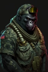 illustration cartoon, gorilla wearing military, ai generative