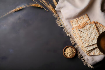 Jewish traditional matzah bread on a black background, Passover, Generative AI 2