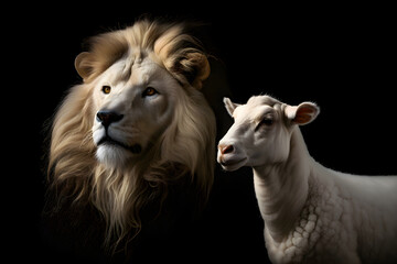 Lion and Lamb together on a black background. Two aspects of the nature of Jesus Christ, Generative AI 2