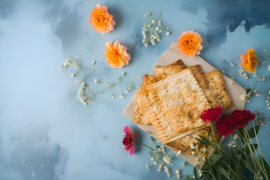 Jewish traditional matzah bread with flowers on a blue background, copy space, Passover, Generative AI 1
