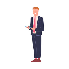Man Entrepreneur and Office Employee Standing in Suit with Clipboard and Smiling Vector Illustration