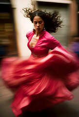 Naklejka premium Generative AI illustration of Young woman dancing flamenco