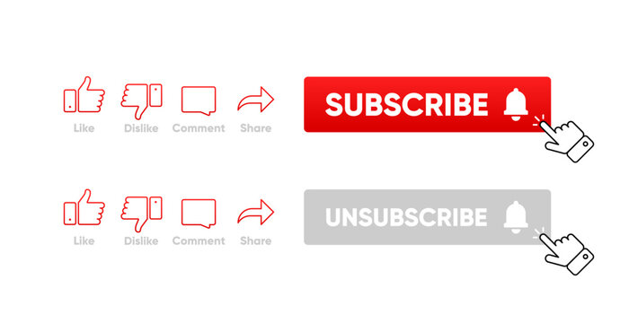 Clicking Subscribe Button, Like, Comment and Share. Icon Set of Channel Subscriptions. Flat icons template. Marketing. Social media concept. Vector illustration.