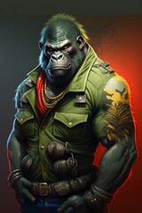 illustration cartoon, gorilla wearing military, ai generative