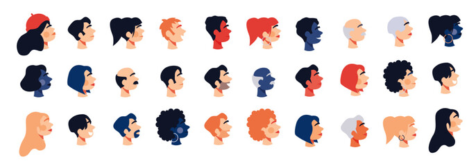 Big bundle profile faces. Vector illustrations isolated on a white background. Diversity people.