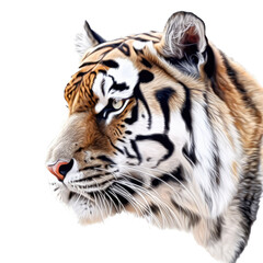 Obraz premium an isolated Bengal tiger side view portrait, majestic face, stalking prey, fierce jungle-themed photoreal illustration on a transparent background in PNG. Generative AI
