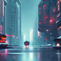 illustration painting of Robots back view on the streets of an abandoned futuristic city on a rainy day - Generative AI