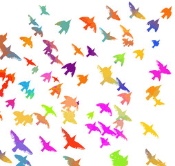Abstract colored flying birds. Mixed media. Vector illustration