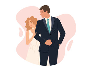 Young couple in love, standing bride and groom. Wedding ceremony of a woman in a dress and a man in a suit. Vector isolated flat illustration.