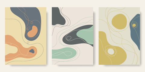 Set of abstract backgrounds with organic flowing shapes and freehand drawn lines. Vector illustration in pastel colors. Template for booklet, flyer, cover, magazine, invitation.