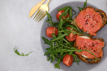 A plate with two salmon sandwiches, arugula and tomatoes on grey background. Healthy food.
