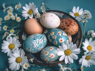 Obraz na płótnie Canvas Easter eggs and springtime flowers over blue background. Spring holidays concept with copy space. Top view