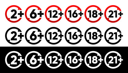 Set of age restriction signs. Age limit concept. Warning or Recommended signs. Vector illustration.