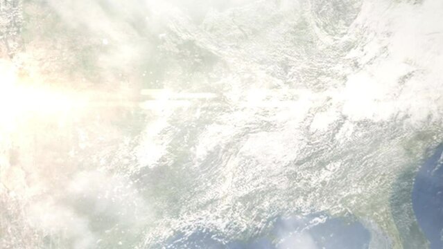 Earth zoom in from outer space to city. Zooming on Sherwood, Arkansas, USA. The animation continues by zoom out through clouds and atmosphere into space. Images from NASA