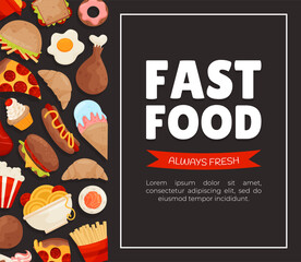 Fast Food Banner Design with Hamburger, French Fries, Sweet and Hot Dog Vector Template