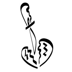 dagger destroys heart, wound, black abstract symbol on white background