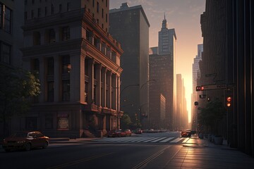Fototapeta na wymiar Chicago street at sunset, Chicago, Illinois, USA. Generative AI