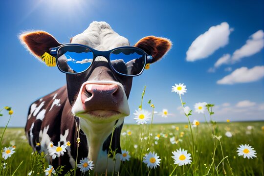 Cute cow in sunglasses on the meadow with daisies, Generative AI