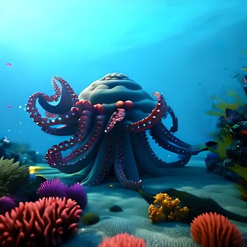 Image for 3d floor. Underwater world. Octopus. corals