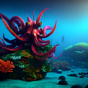 Image for 3d floor. Underwater world. Octopus. corals